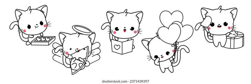 Collection of Vector Cat Outline Art. Set of Isolated Kitten Coloring Page Illustration. Cute Vector Animals in Love for Coloring Book 