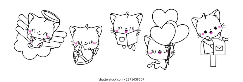 Collection of Vector Cat Outline Art. Set of Isolated Kitten Coloring Page Illustration. Cute Vector Animals in Love for Coloring Book 