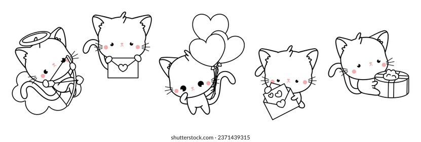 Collection of Vector Cat Outline Art. Set of Isolated Kitten Coloring Page Illustration. Cute Vector Animals in Love for Coloring Book 