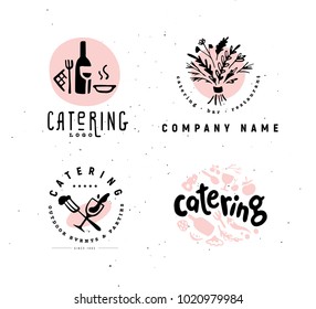 Collection of vector catering and restaurant company logo set isolated on white background. Hand drawn wine elements, dish icons. Perfect for restaurant, cafe, catering bars insignia banners, symbols.