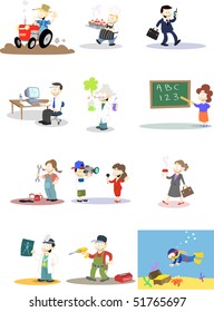 A collection of vector characters in various professions. Note: Backgrounds and colors can easily be edited if purchasing the vector version of this design.