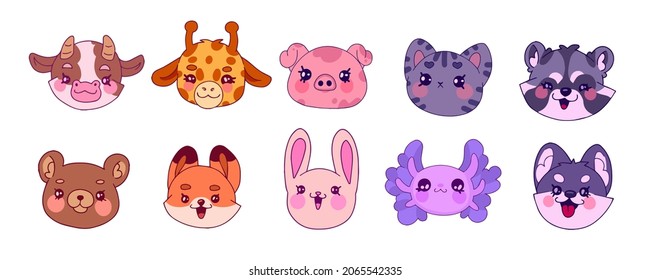 Colección de íconos vectoriales para niños de diferentes animales, vacas, jirafas, cerdos, gatos, mapache, oso, zorro, conejo, conejo, axolotl, perro cascarón, mapache, liebre. Iconos, pegatinas, para diseño e impresión