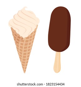 Collection of vector chocolate and vanilla ice cream illustrations isolated on white