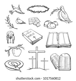 A collection of vector Christian symbols, sketches on a white background