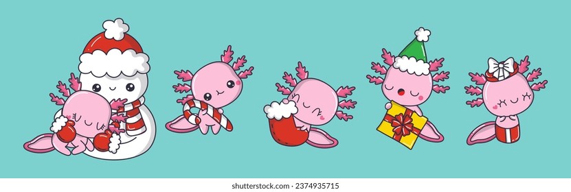 Collection of Vector Christmas Axolotl Art. Set of Isolated New Year Amphibian Illustration for Stickers. 