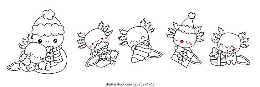 Collection of Vector Christmas Axolotl Outline. Set of Isolated Xmas Salamander Coloring Page. 