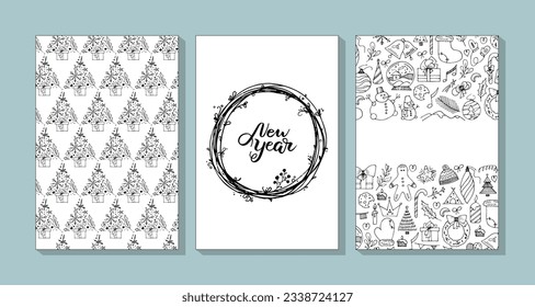 Collection of vector Christmas cards. Greeting board with hand drawn Christmas symbol and pattern. Includes holiday doodle lettering. 
Posters set illustration.