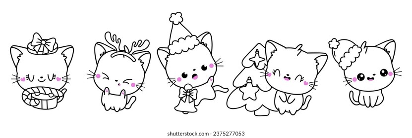 Collection of Vector Christmas Cat Outline. Set of Isolated Xmas Animal Coloring Page. 