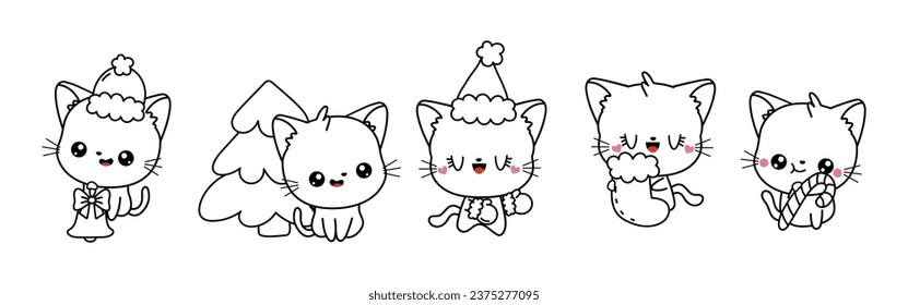 Collection of Vector Christmas Cat Outline. Set of Isolated Xmas Animal Coloring Page. 