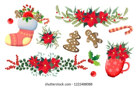 Collection of vector Christmas decor. Christmas sock with gifts, a mug with poinsettia, cookies, borders with poinsettia. All elements are isolated. New year's design.