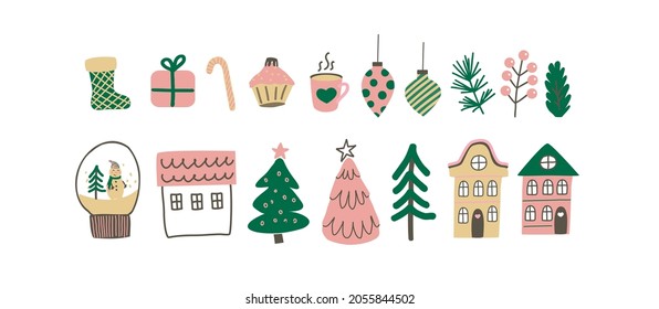 Collection of vector Christmas elements. modern boho minimalism. Merry christmas and a happy new year. Winter stickers for design. Lots of drawings. Glass ball with snow.