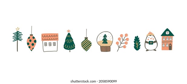 Collection of vector Christmas elements. modern boho minimalism. Template for children's design. Winter stickers for design. Christmas tree decorations. Glass ball with snow.
