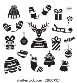 Collection of vector Christmas elements: socks, gifts, reindeer, mittens, hat, Christmas ball, sled and others. Set black and white icons. Elements for design greeting cards, patterns, packaging.