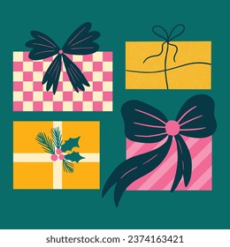 Collection of vector Christmas gift boxes, Festive xmas elements set, Birthday present with ribbons, New Year holiday presents flat, cartoon style illustration