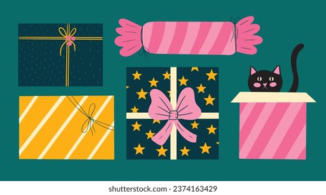 Collection of vector Christmas gift boxes, Festive elements set, Birthday present with ribbons, New Year holiday presents flat, cartoon style illustration