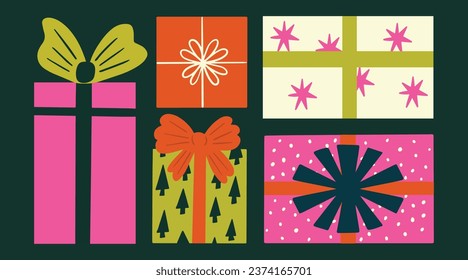 Collection of vector Christmas gift boxes, Colorful festive xmas elements set, Birthday present with ribbons, New Year holiday presents flat, bold, cartoon style illustration