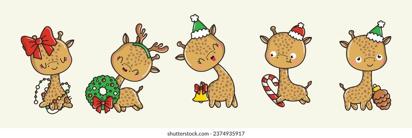 Collection of Vector Christmas Giraffe Art. Set of Isolated New Year Animal Illustration for Stickers. 