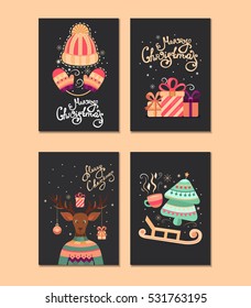 Collection of vector Christmas greeting cards. Set of elements of Christmas: Christmas tree, gifts, hat, mittens, cup, ball, reindeer, sled. Template with handdrawn xmas lettering.