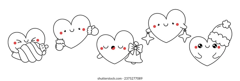 Collection of Vector Christmas Heart Outline. Set of Isolated Xmas Character Coloring Page. 