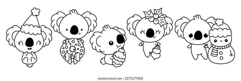 Collection of Vector Christmas Koala Bear Outline. Set of Isolated Xmas Animal Coloring Page. 