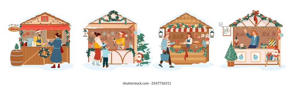 Collection of vector Christmas market stalls with sellers. Wooden booth filled with souvenirs, garlands and gifts. Customers buy mulled wine, nutcrackers and gingerbread at this festive winter fair.