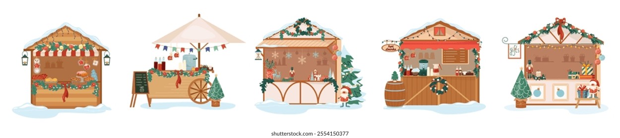 Collection of vector Christmas market stalls isolated. Wooden booth with souvenirs, garlands, gifts and hot drinks. Set of kiosk with mulled wine, nutcrackers and gingerbread at festive winter fair