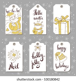 Collection of vector Christmas and New Year cute ready-to-use gift tags. Retro design.