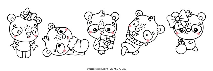 Collection of Vector Christmas Panda Outline. Set of Isolated Xmas Animal Coloring Page. 