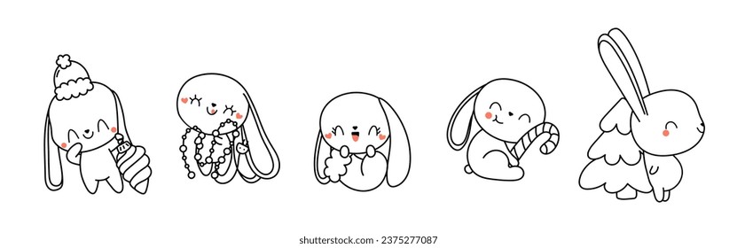 Collection of Vector Christmas Rabbit Outline. Set of Isolated Xmas Bunny Coloring Page. 