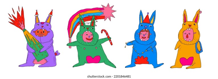 collection of vector christmas rabbits 2023.New year carnival-funny people in rabbits costumes.Characters for holiday posters, cards, social media posts.1970 psychedelic and hippie vibes.modern naive