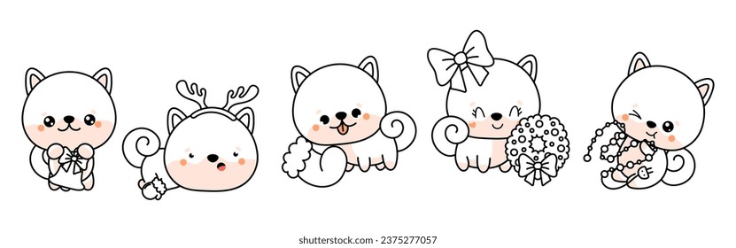 Collection of Vector Christmas Shiba Inu Dog Outline. Set of Isolated Xmas Doggy Coloring Page. 