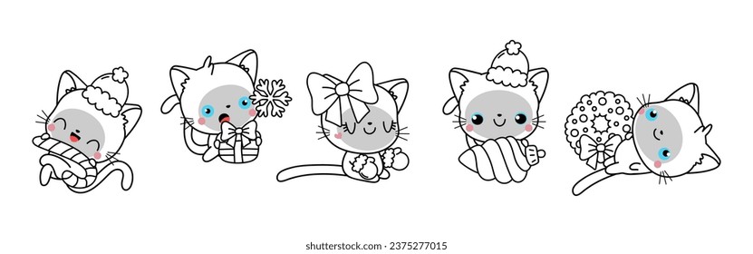 Collection of Vector Christmas Siamese Cat Outline. Set of Isolated Xmas Kitty Coloring Page. 