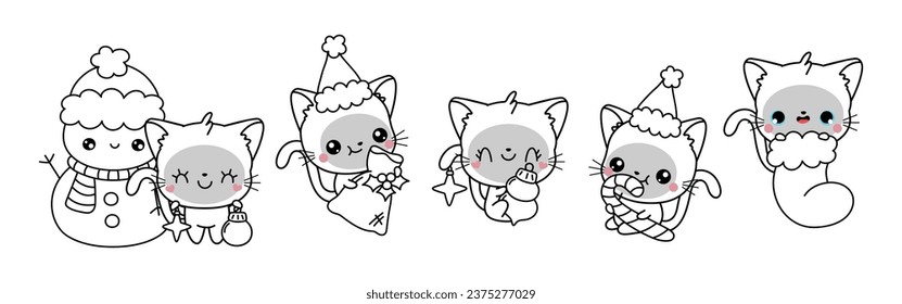 Collection of Vector Christmas Siamese Cat Outline. Set of Isolated Xmas Kitty Coloring Page. 