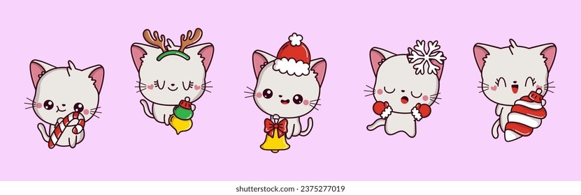 Collection of Vector Christmas White Cat Art. Set of Isolated New Year Animal Illustration for Stickers. 