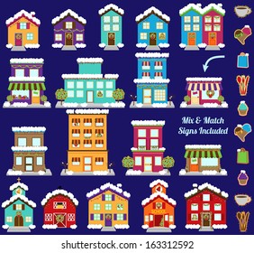 Collection of Vector Christmas or Winter City and Town Buildings with Mix and Match Signs