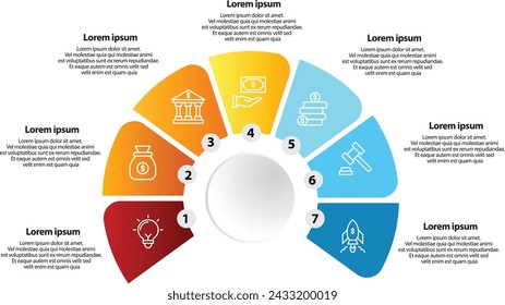 Collection of vector circle chart infographic templates for presentations, advertising, layouts, annual reports. 7 options, steps, parts