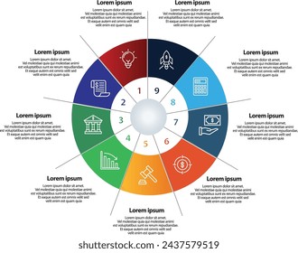 Collection of vector circle chart infographic templates for presentations, advertising, layouts, annual reports.9 options, steps, parts