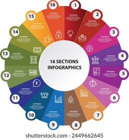 Collection of vector circle chart infographic templates for presentations, advertising, layouts, annual reports. 16 options, steps, parts