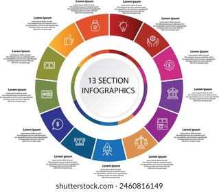 Collection of vector circle chart infographic templates for presentations, advertising, layouts, annual reports. 13 options, steps, parts