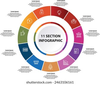 Collection of vector circle chart infographic templates for presentations, advertising, layouts, annual reports. 11 options, steps, parts

