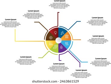 Collection of vector circle chart infographic templates for presentations, advertising, layouts, annual reports. 8 options, steps, parts