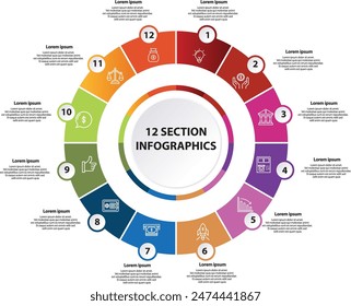 Collection of vector circle chart infographic templates for presentations, advertising, layouts, annual reports. 12 options, steps, parts	
