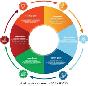 Collection of vector circle chart infographic templates for presentations, advertising, layouts, annual reports. 6 options, steps, parts	