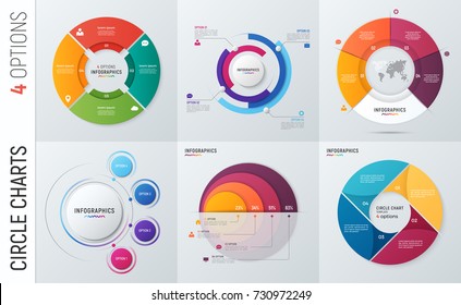 Collection Of Vector Circle Chart Infographic Templates For Presentations, Advertising, Layouts, Annual Reports. 4 Options, Steps, Parts.