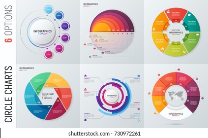 Collection of vector circle chart infographic templates for presentations, advertising, layouts, annual reports. 6 options, steps, parts.