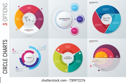 Collection of vector circle chart infographic templates for presentations, advertising, layouts, annual reports. 3 options, steps, parts.