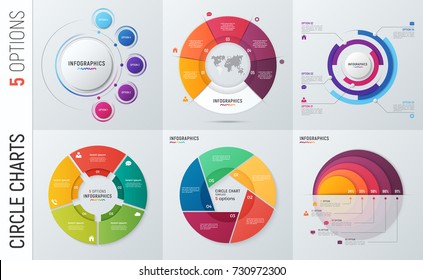 Collection of vector circle chart infographic templates for presentations, advertising, layouts, annual reports. 5 options, steps, parts.