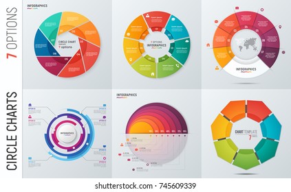 Collection of vector circle chart infographic templates for presentations, advertising, layouts, annual reports. 7 options, steps, parts.