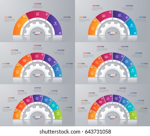 Collection of vector circle chart templates for infographics with 3-8 options.