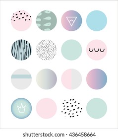 Collection of vector circles with different elements. Circles in Memphis style. Illustration can be used for posters, flyers, covers and others.